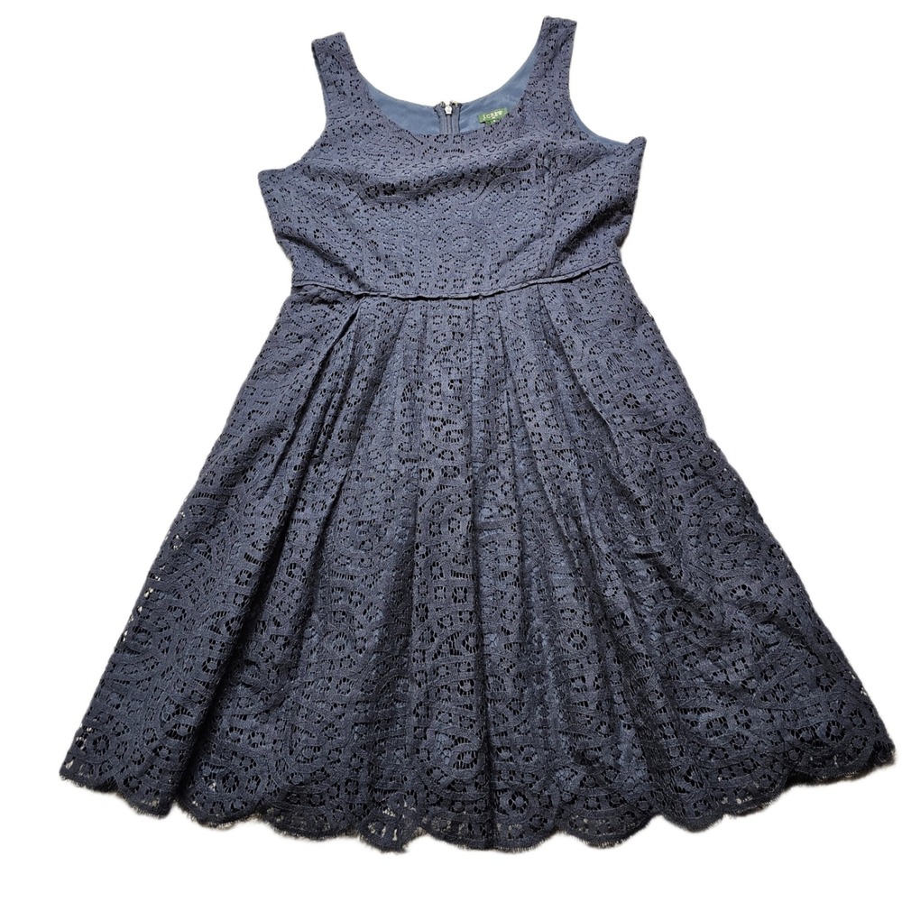 J.Crew Fit & Flare Cocktail‎ Dress Womens 6 Navy Lined Lace Pleated Back Zipper